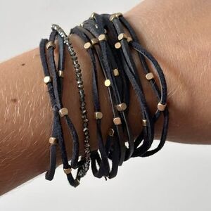 Lonna & Lilly Multi-Strand Leather Wrap Bracelet Gray Suede Gold Beads Crystal